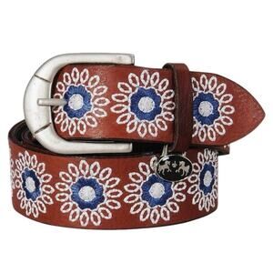 Equine Couture Sophia Embroidered Brown Leather Belt Blue White size large